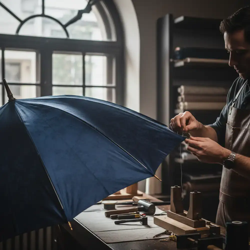 Artisan carefully assembling the canopy of a Murnalep umbrella