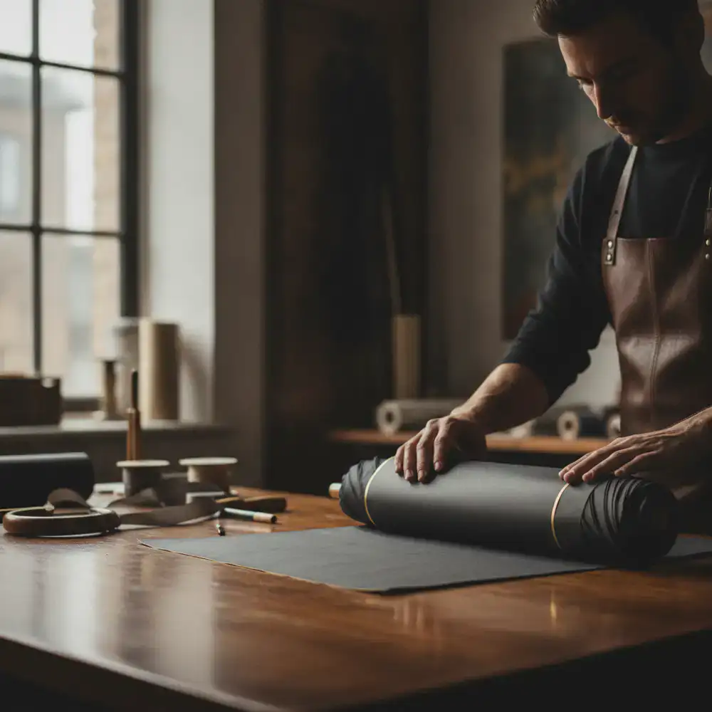 Artisan preparing umbrella packaging in the studio