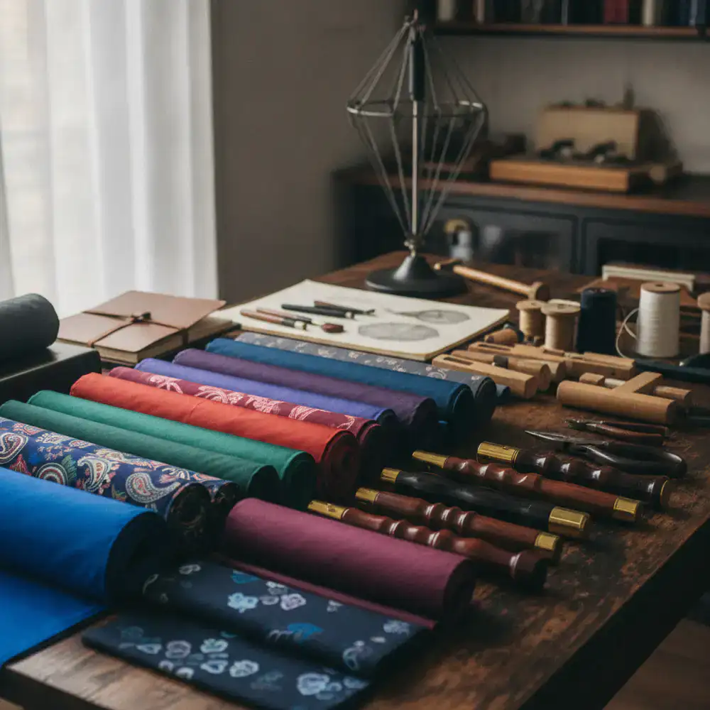 Umbrella fabric swatches, wood handles, and crafting tools on a studio desk