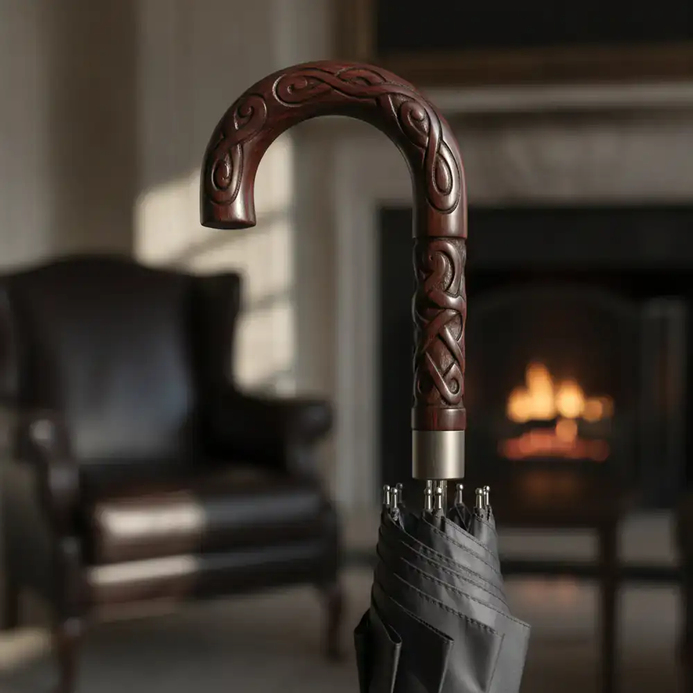 Custom engraved handle of a luxury umbrella