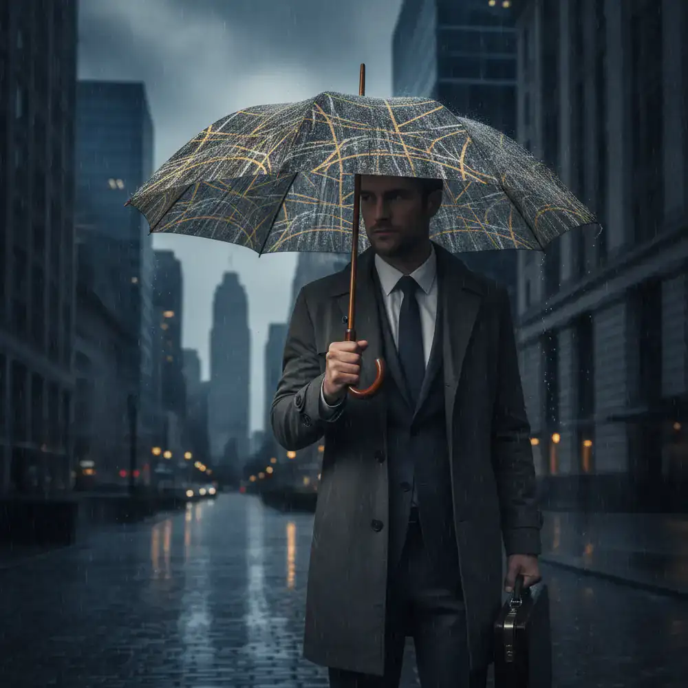 A business professional holding a Murnalep designer umbrella in a rainy urban setting