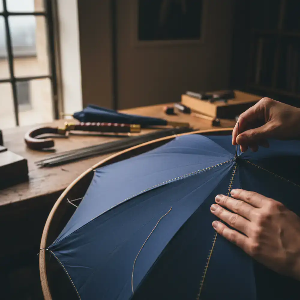 Artisan manually stitching the canopy of a luxury umbrella