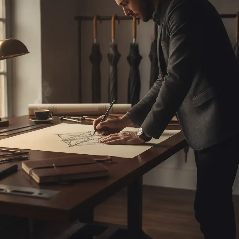 Designer sketching an umbrella framework in the studio